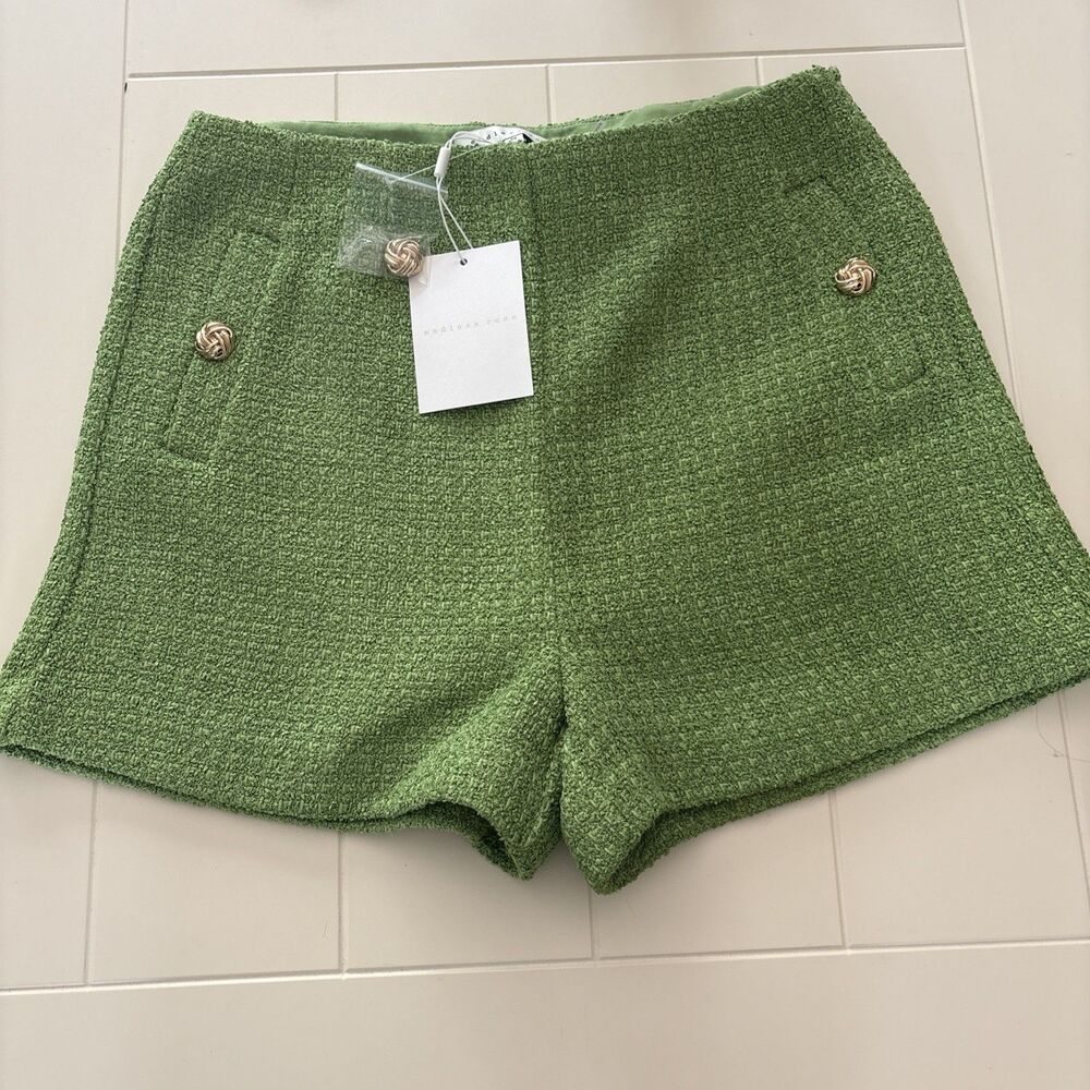 Endless Rose Green Tweed Shorts Women’s Medium Gold Button High Waist Textured